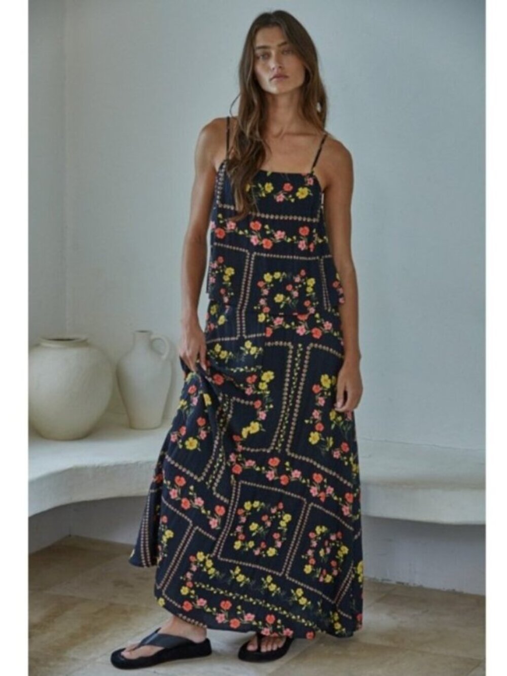 BY TOGETHER Maxi Skirt and Cami Matching Set Floral Print Black Coral NWT